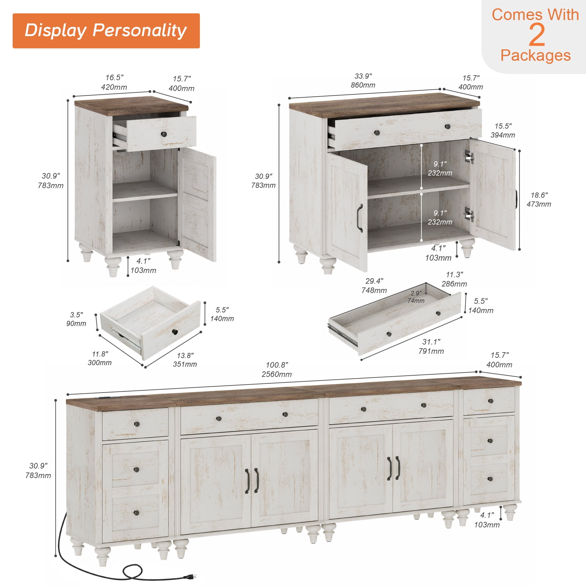 WAMPAT TV Stand for 100 Inch TV, 4-in-1 TV Console Table for 75/80/85/90 Inch TV, Farmhouse Entertainment Center with Charging Station, Kitchen Sideboard Buffet Cabinet for Dining Room, Rustic White