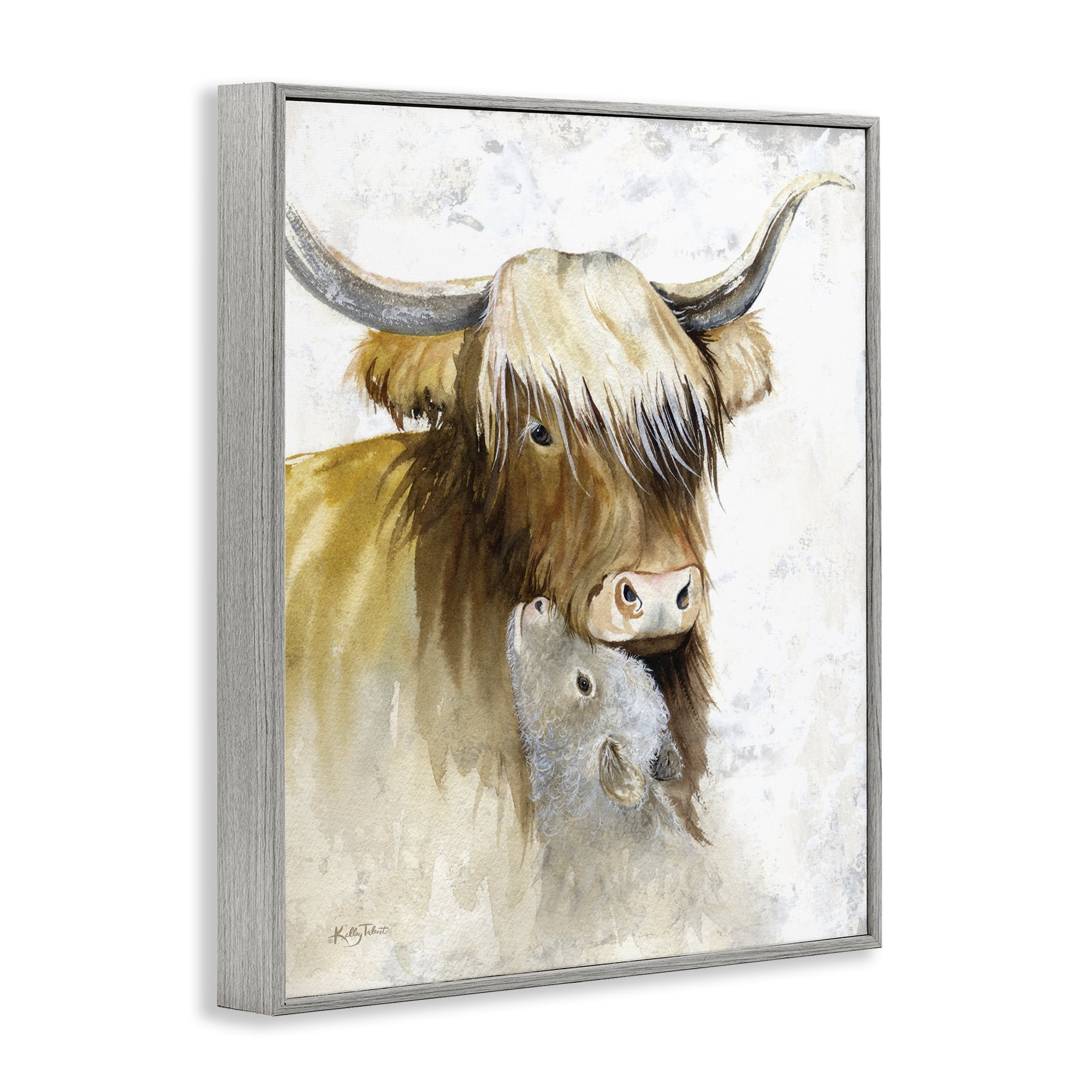 Stupell Industries Neutral Longhorn & Calf Animals & Insects Painting Gray Framed Art Print Wall Art, 11 x 14