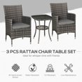 thumbnail image 3 of 3 Pieces Wicker Patio Furniture Set, Rattan Bistro Set with Glass Top Coffee Table and Cushions, Outdoor Conversation Set for Garden, Porch, Balcony, Mixed Grey, 3 of 7