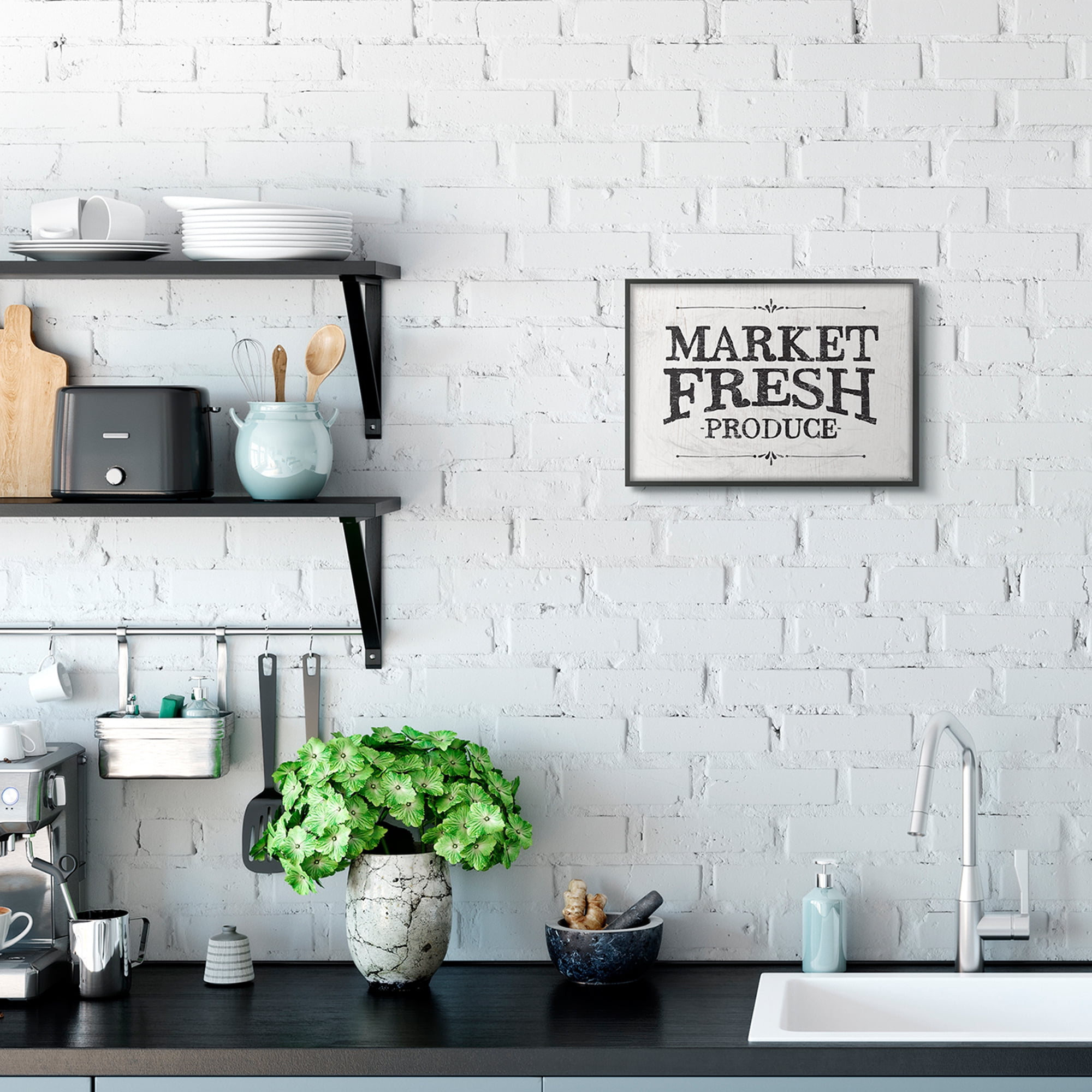 Stupell Industries Market Fresh Produce Wood Texture Farm Word Design Graphic Art Black Framed Art Print Wall Art, 11x14, by Gigi Louise