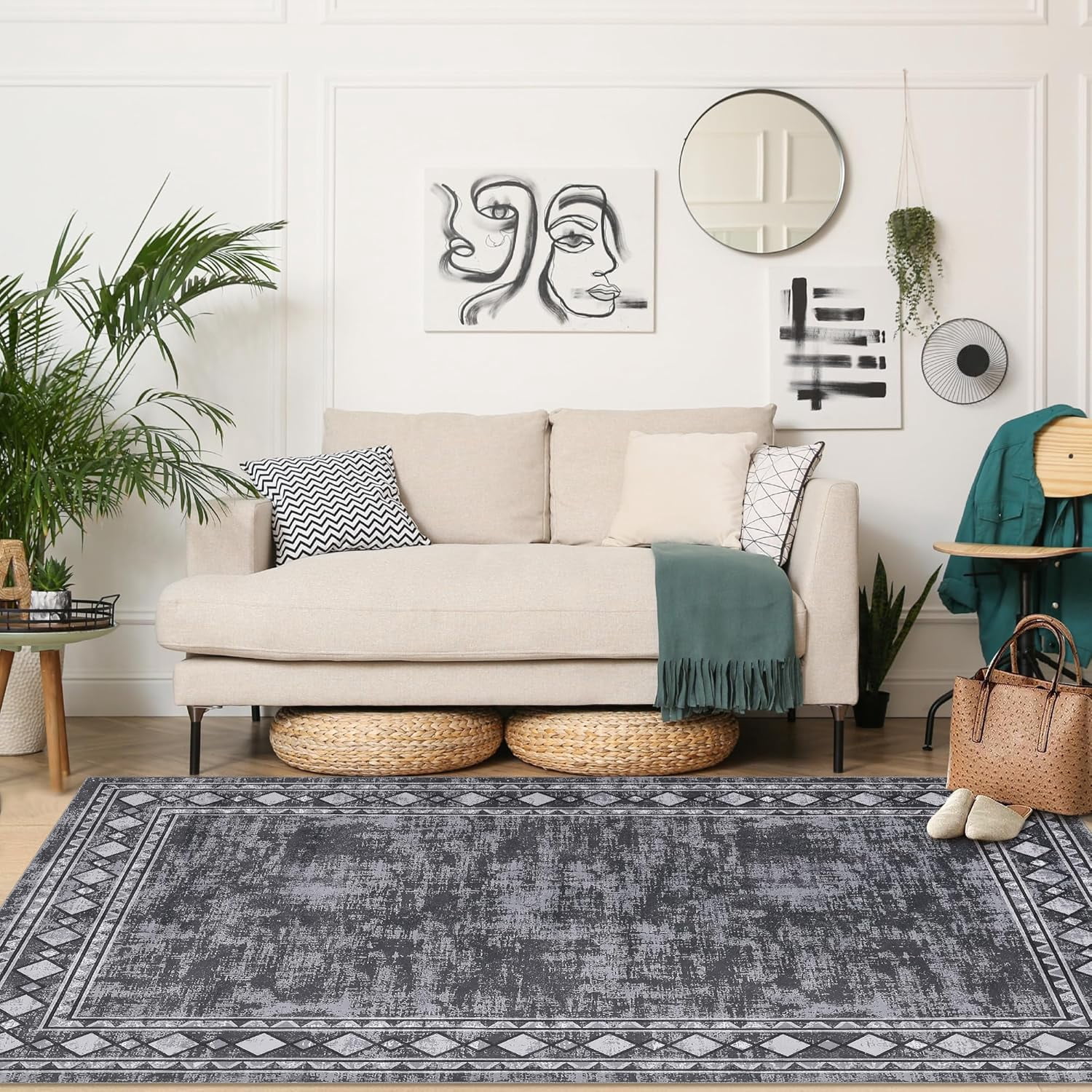 Washable Area Rug 10x13 Rug for Living Room Vintage Rugs for Bedroom Bordered Large Area Rug Non Slip Throw Rugs Stain Resistant Carpet for Nursery Dining Room Office Rug 10'x13' Grey