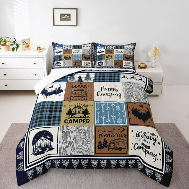 YST Kids Rv Camper Comforter Set Toddler,Happy Camping Themed Bedding Set for Bunks Travel Trailers,Rustic Cabin Camper Quilt Woodland Bedroom Decor,Patchwork Checkered Comforter Set 2Pcs