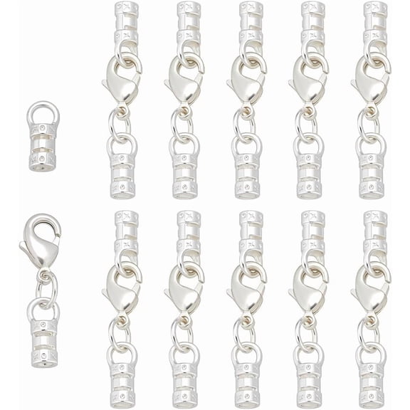 PH 12pcs Cord End Caps with Lobster Clasp 38mm Long Leather Jewellery Clasps Necklace End Cap Silver Clasp Tip with Loop Ring Connector for Jewelry Making DIY Crafts Chokers Bracelet Anklet Silver
