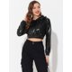 thumbnail image 2 of Sudaderas cortas con capucha para mujer Sudaderas metálicas brillantes holográficas Negro S, 2 of 5