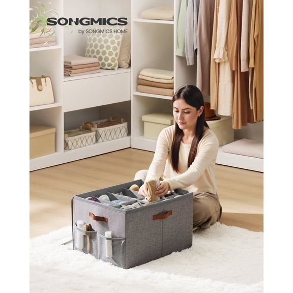 16-Pair Fabric Shoe Organizer, Adjustable Dividers & Side Pockets, Foldable Storage Bin for Closet, Bedroom, Dove Gray