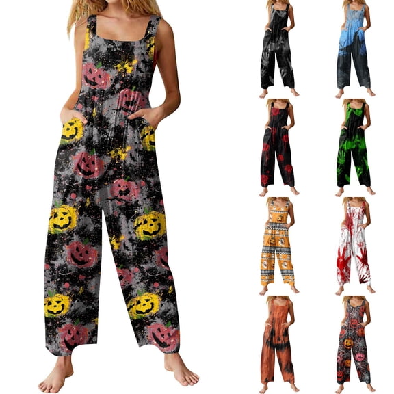 Halloween Jumpsuits for Women Pumpkin Print Cotton Linen Casual Sleeveless with Pockets