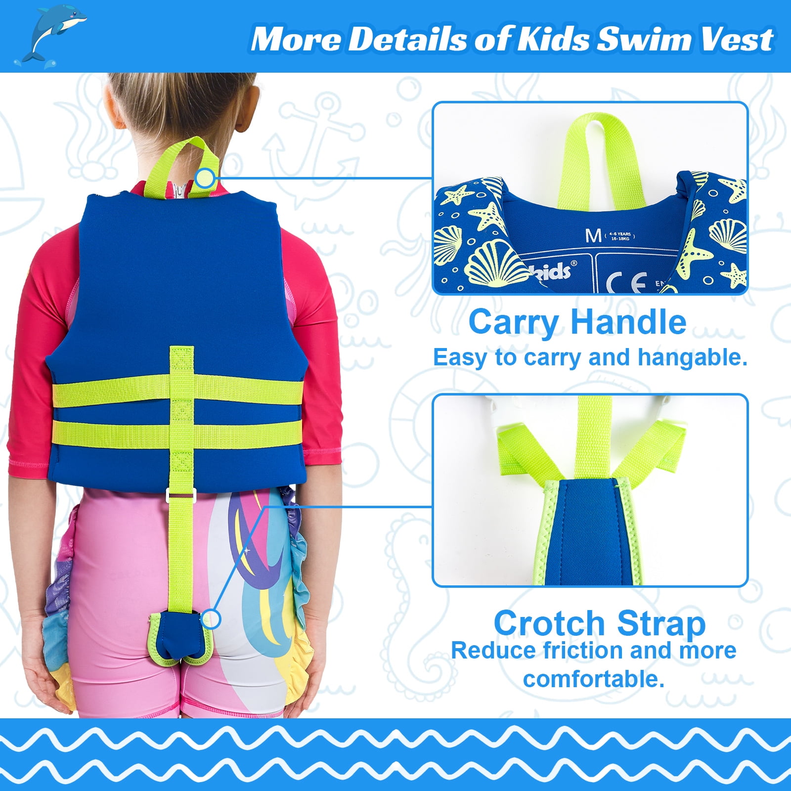Gogokids Kids Swim Vest Life Jacket-Toddler Float Buoyancy Swimsuit Trainer Vests Swim Aid Jacket for Age 1-9 Years, Blue
