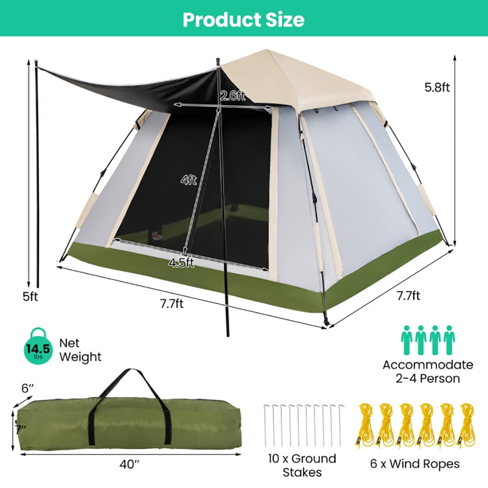 Aimee Lii 2-4 Person Instant Pop-up Camping Tent with Removable Rainfly, Oversize Privacy Tent, Easy Set Up Privacy Shelter