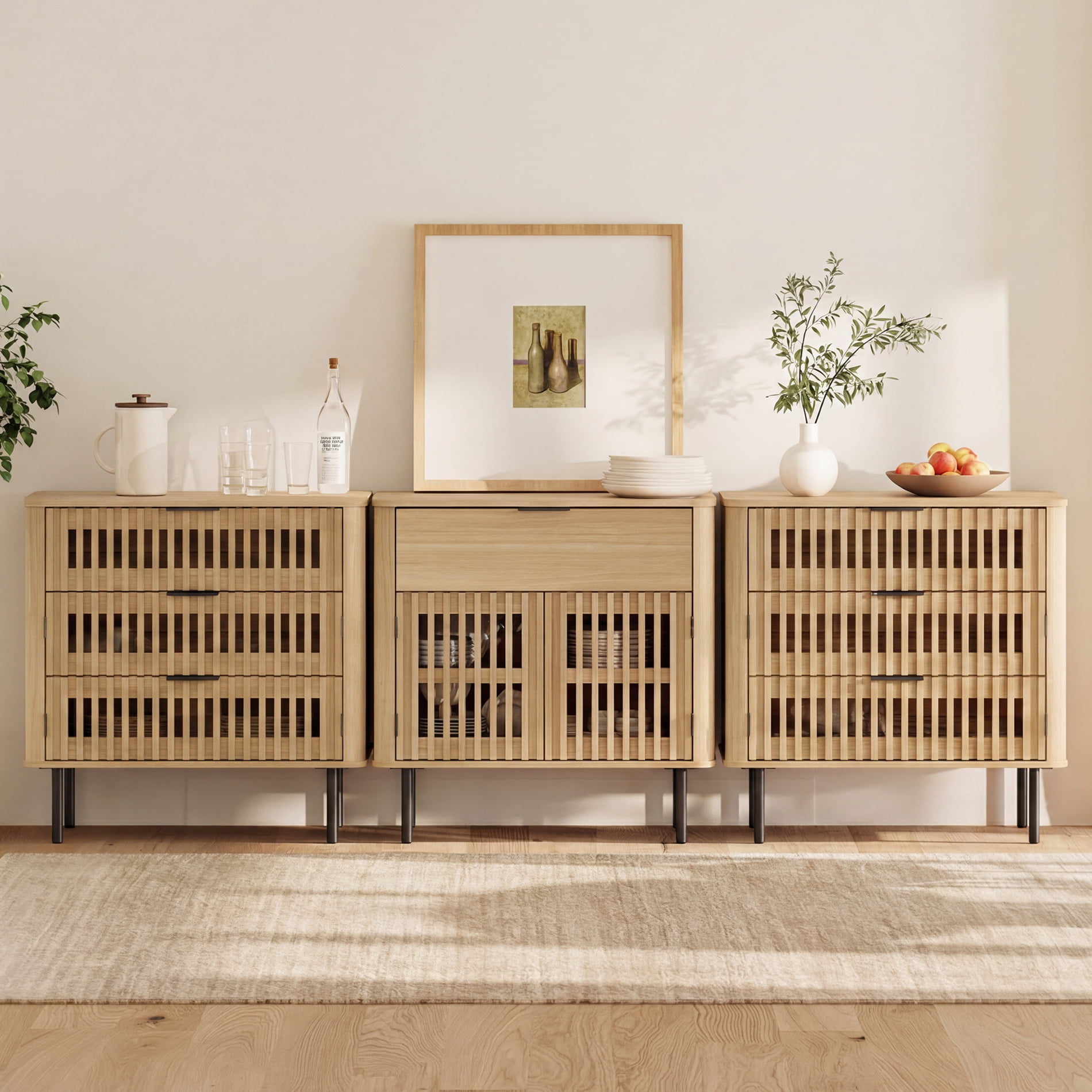 94.5 Inch Large Fluted Buffet Cabinet Sideboard with Storage, Pop-Up Doors & Adjustable Shelf, Wood Modern Accent Coffee Bar Console Table with Drawers for Kitchen, Living Room, Oak
