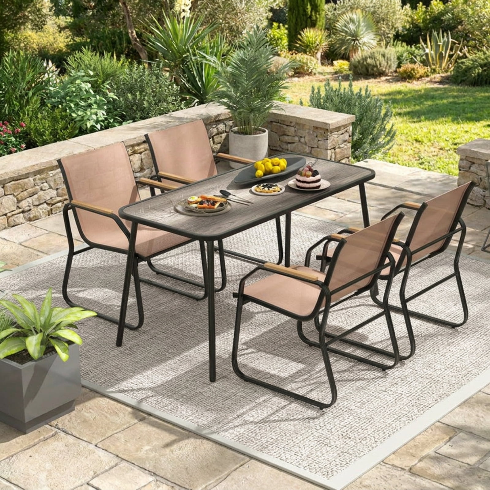 Furnibear 5 Pieces Patio Dining Set with 55 Inch Rectangular DPC Wood Grain Table 4 Breathable Fabric Sling Chairs and Reinforced Metal Frame for Backyard Garden Deck, Brown