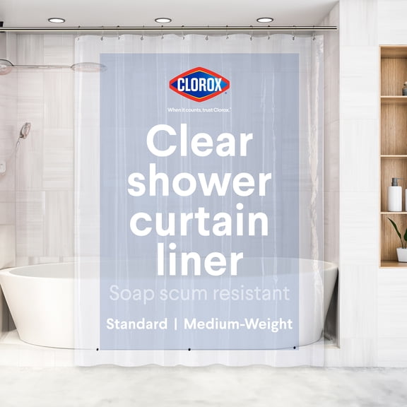 Clorox Shower Curtain Liner Medium Weight Waterproof PEVA w Metal Grommets 70" x 72" Clear
