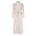 thumbnail image 3 of Women's Satin Maxi Dresses Casual Long Sleeve Round Neck Dresses Waisted A-Line Pleated Flowy Long Dresses, 3 of 7