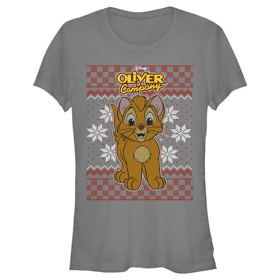 Junior's Oliver & Company Christmas Oliver  Graphic Tee Charcoal Large