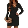 thumbnail image 2 of Womens Cute Henley Long Sleeve Knit Stretchable Slim Sweater Bodycon Mini Sweater Dress with Pockets, 2 of 7