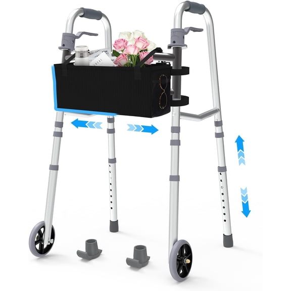 Folding Narrow Walkers for Seniors, Adjustable Width & Height, Standard Walkers with Basket, 2 Skis, 5” Front Wheels, Lightweight Walkers for Elderly & Disabled, Thickened Aluminum Adult Walker