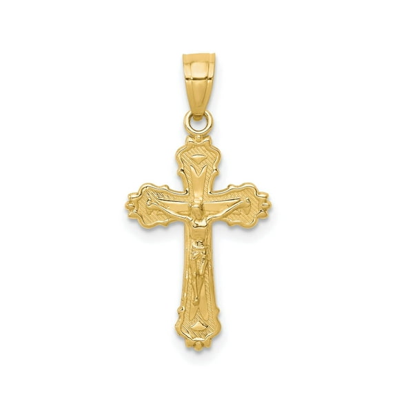 10k Real Gold Crucifix Cross Pendant Necklace for Men and Women Fleur-de-Lis Design High Polish Religious Jewelry Vintage Christian Faith Style