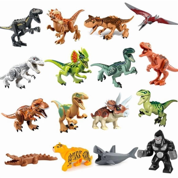 16-Pack Mixed Prehistoric & Wild Animal Building Block Figures, Height 1.5-4 inch, with Dinosaurs, Tiger, Shark, Gorilla & Crocodile, Compatible with Major Brands, Kids Toy Set