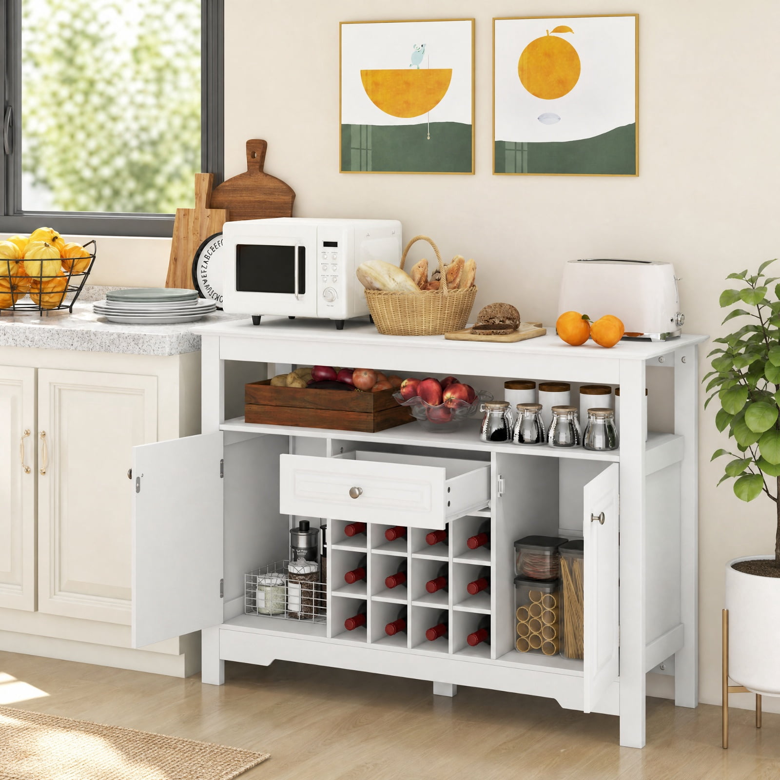Furnibear Buffet Sideboard Wine Liquor Coffee Bar Cabinet with Removable Wine Rack for Kitchen Dining Living Room Buffet Storage Server, White