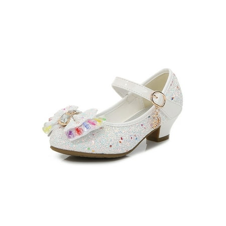 

Avamo Children Princess Shoe Glitter Dress Shoes Bow Mary Jane Sandals School Performance Comfort Sparkling White 2.5Y