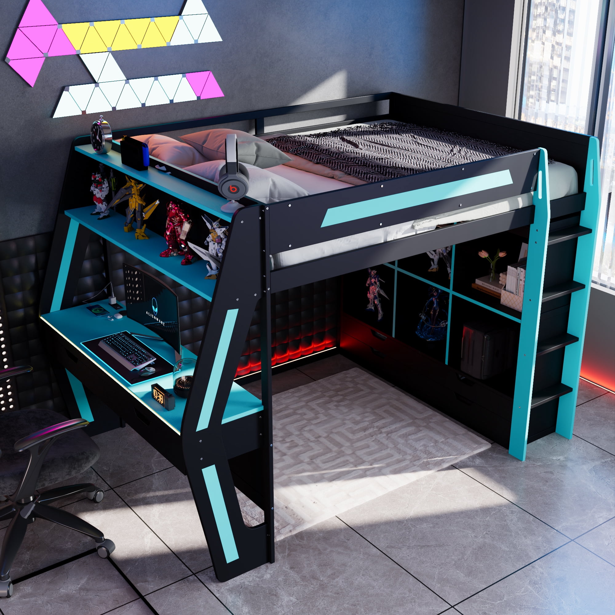 Mintazer Full Gaming Loft Bed with Lights & Desk, Modern Loft Bed with 6 Cubbies & 6 Storage Drawers, Black & Red