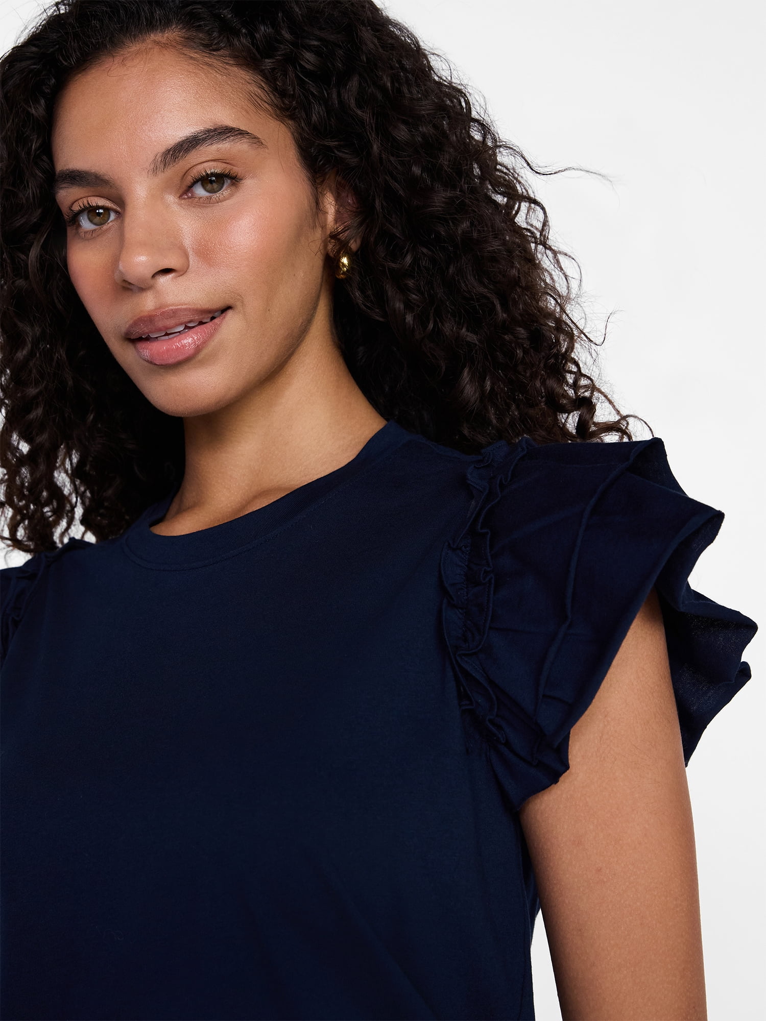 Time and Tru Women's Cotton Crewneck Tee with Ruffle Flutter Sleeves, Sizes XS-XXXL