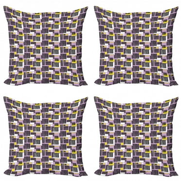 Ambesonne Geometric Throw Pillow Cover 4 Pack, Modern Stripe and Squares, 16", Lilac Charcoal Grey