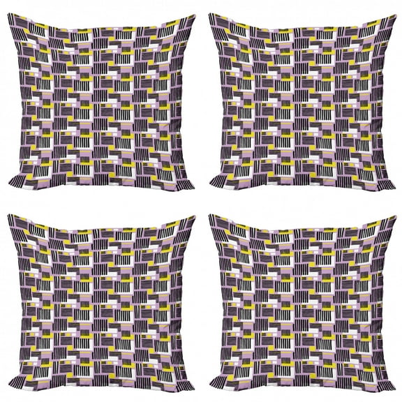 Ambesonne Geometric Throw Pillow Cover 4 Pack, Modern Stripe and Squares, 24", Lilac Charcoal Grey