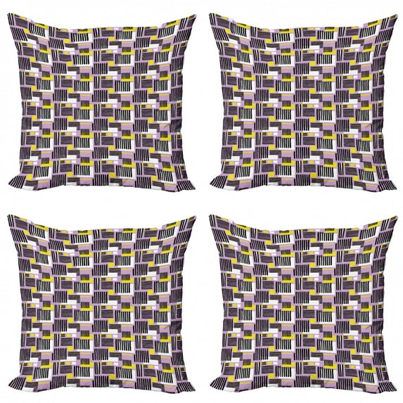 Ambesonne Geometric Throw Pillow Cover 4 Pack, Modern Stripe and Squares, 16", Lilac Charcoal Grey