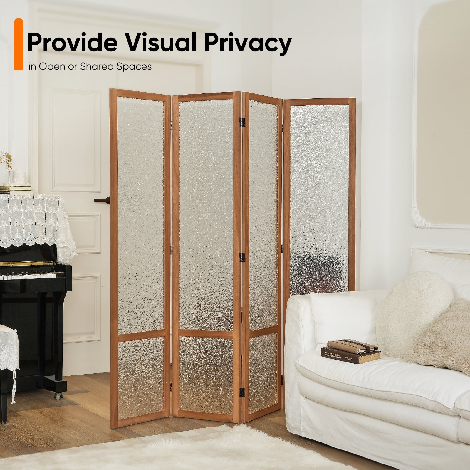 Jostyle 4 Panel Acrylic Room Divider Privacy Screen Translucent Folding Partition with Paulownia Wood Frame Natural, Shatterproof & Space-Saving for Living Room, Bedroom, Office