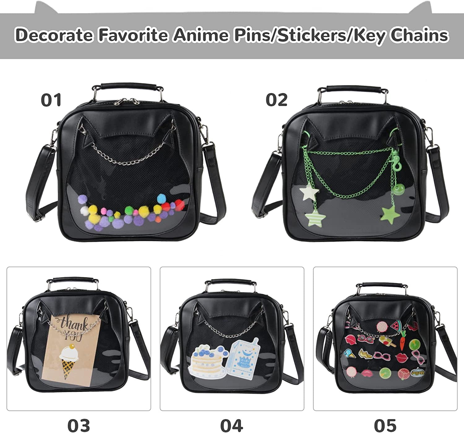 YOUI-GIFTS Women Ita Bag Kawaii Crossbody Purse Cute Cat Messenger Purse Clear Backpack Shoulder Bags Pin Display Bag