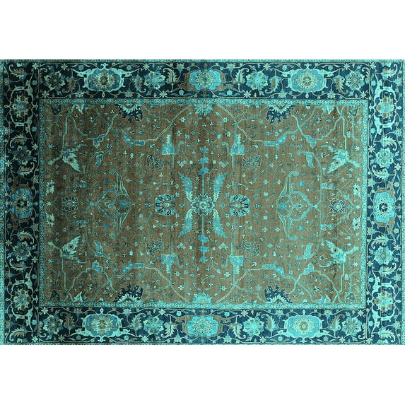 Ahgly Company Machine Washable Indoor Rectangle Oriental Turquoise Blue Industrial Area Rugs, 6' x 9'