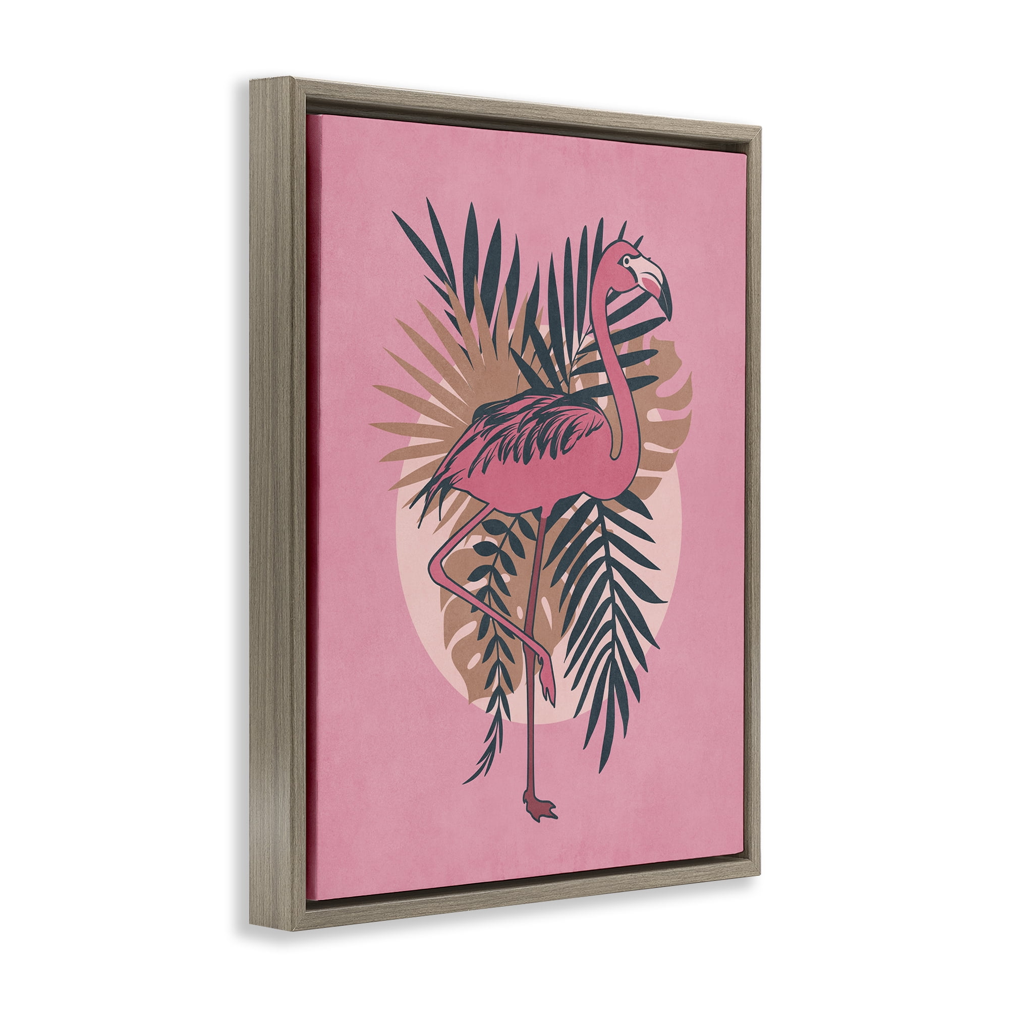 Stupell Industries Pink Retro Flamingo Animals Painting Brown Floater Framed Canvas Art Print Wall Art, 17 x 21