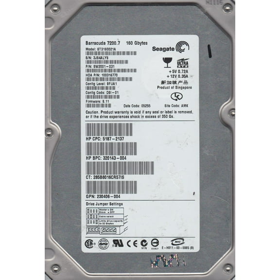 ST3160021A, 3JS, AMK, PN 9W2001-031, FW 8.11, Seagate 160GB IDE 3.5 Hard Drive