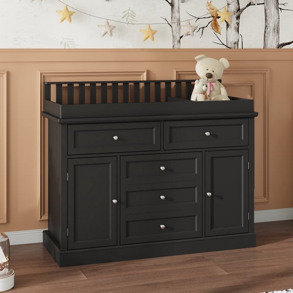 WIAWG Nursery Dresser with Changing Table Top, 46" W Baby Dresser with 2 Drawers,Storage Organize Station for Nursery and Baby Bedroom,Black
