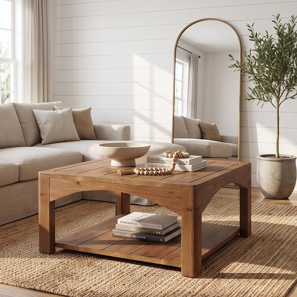 Fnova 31.5" Square Solid‑Wood Coffee Table, 2‑Tier Open Storage Shelf, Arched Cut‑Out Frame, Rustic Cocktail Table for Living Room, Farmhouse, Apartment