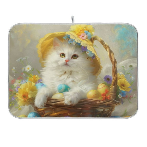 Easter Egg with Cat Dish Drying Mat 16x18 Absorbent Microfiber Draining Rack Pad for Kitchen Counter Sink