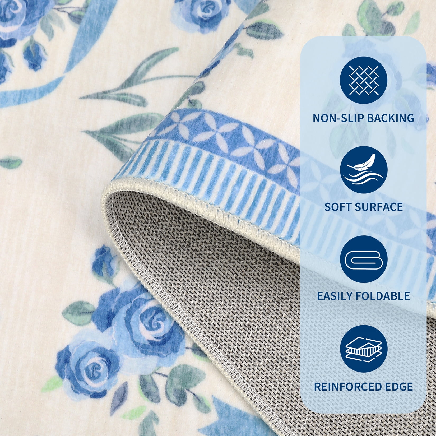 Hasoo 2'x 6' Floral Throw Rug Modern Indoor Carpet Soft Non Slip Runner for Bathroom Entryway Dorm, Beige Blue