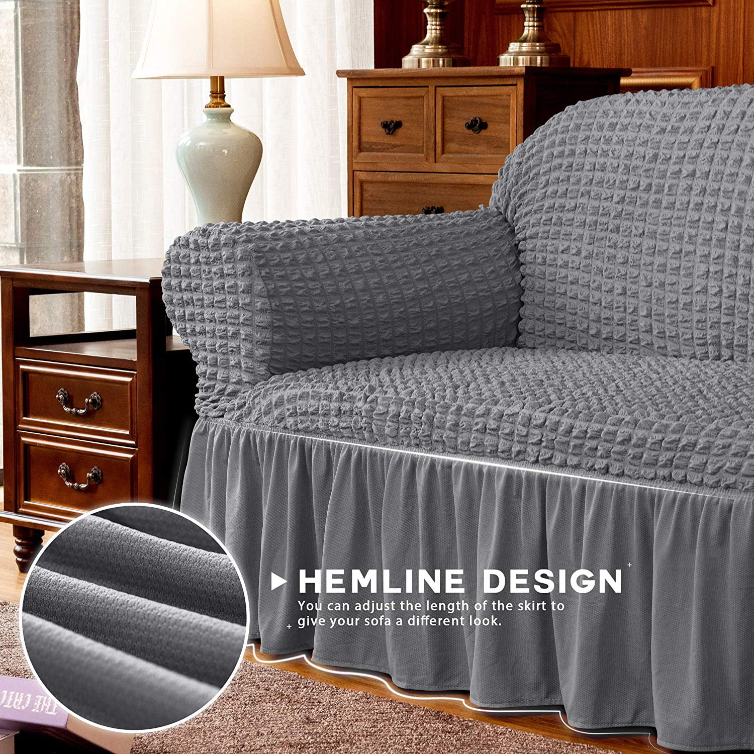 Subrtex Stretch 1-Piece Pleated Ruffled Skirt Sofa Slipcover, Grey