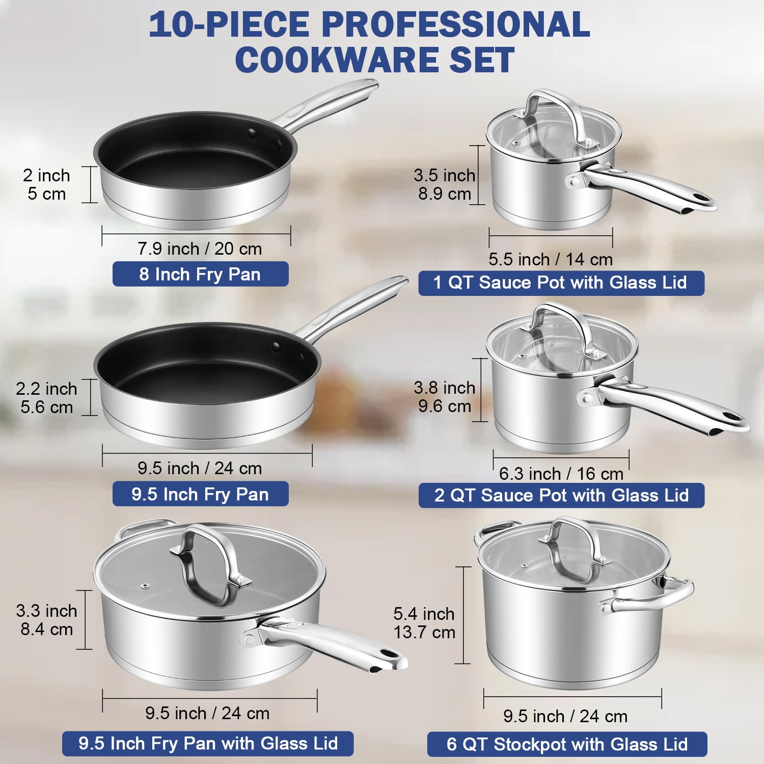Vesteel 10 Pcs Stainless Steel Pots and Pans Sets, Kitchen Cookware Set of 6, Induction Cooking Pot & Saucepans with Lids, Nonstick Frying Pans & Saute Pan