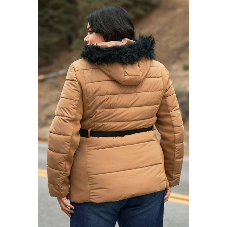 Camel Plus Faux Fur Harness Buckle Belt Detail Long Fitted Puffer Jacket 1XL