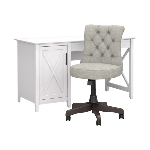 Bush Furniture 54W Computer Desk with Storage and Mid Back Tufted Office Chair Pure White Oak