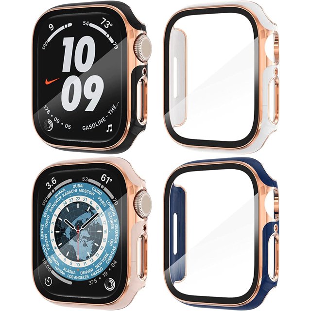 4-Pack Hard PC Case with Tempered Glass Screen Protector Compatible with Apple Watch Series 8 Series 7 Bumper Full Coverage iWatch 41mm, Black/Blue/White/Pink-Rose Gold