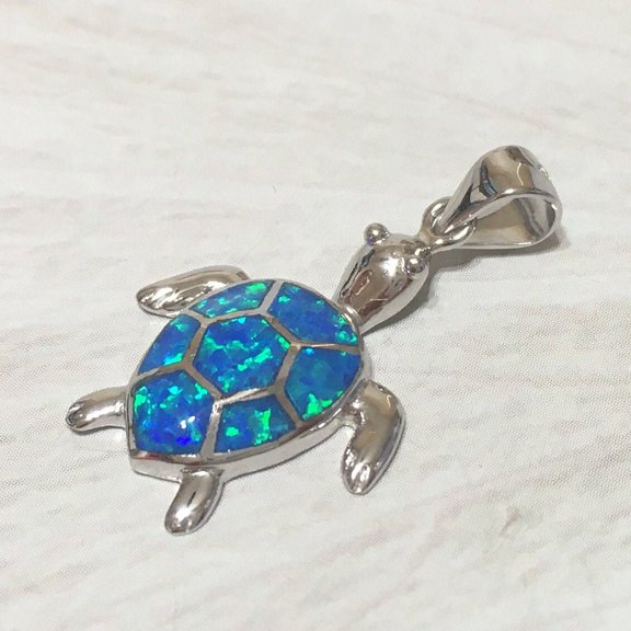 Beautiful Hawaiian Opal Sea Turtle Necklace, Sterling Silver Blue Opal Turtle Pendant, N2104A Birthday Mom Valentine Gift, Island Jewelry