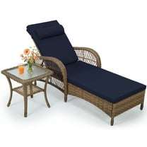 OUINCH Outdoor Wicker Lounge Chair Set, 6-Position Adjustable Patio Chaise Lounge w/Side Table, All Weather Lay Flat Pool Sunbathing Recliner, Armrest & Head Pillow, Fade-Resistant, Navy Blue