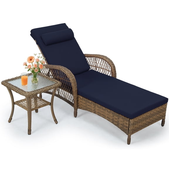 OUINCH Outdoor Wicker Lounge Chair Set, 6-Position Adjustable Patio Chaise Lounge w/Side Table, All Weather Lay Flat Pool Sunbathing Recliner, Armrest & Head Pillow, Fade-Resistant, Navy Blue