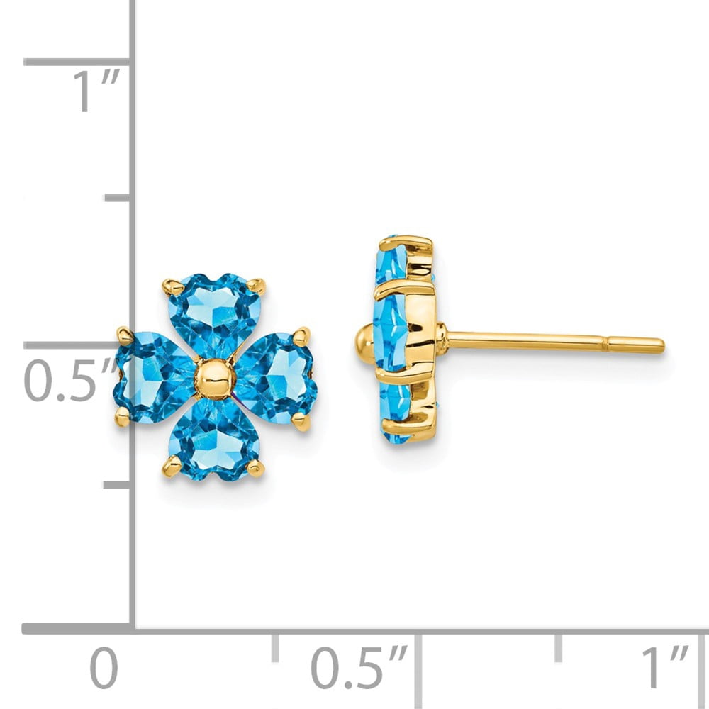 Real 14kt Yellow Gold Heart-shaped Swiss Blue Topaz Flower Post Earrings; for Adults and Teens; for Women and Men