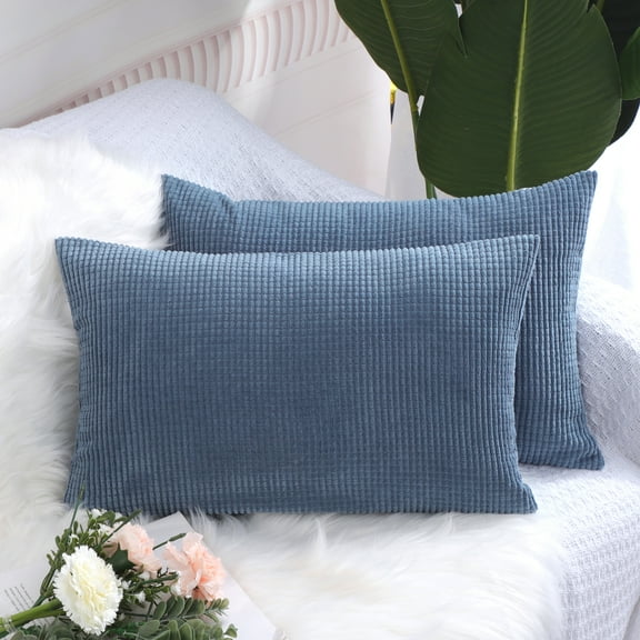 PiccoCasa 2 Piece Throw Pillow Cases Corn Striped Cushion Covers, Blue 12" x 18"