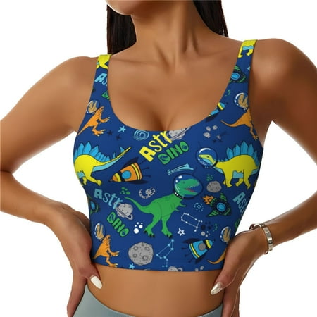 Xecao Dinosaur In Space for Sports Bra with Removable Pads  Crop Tank Top Design  Women s Longline Sports Bra - Non-Wired - Small