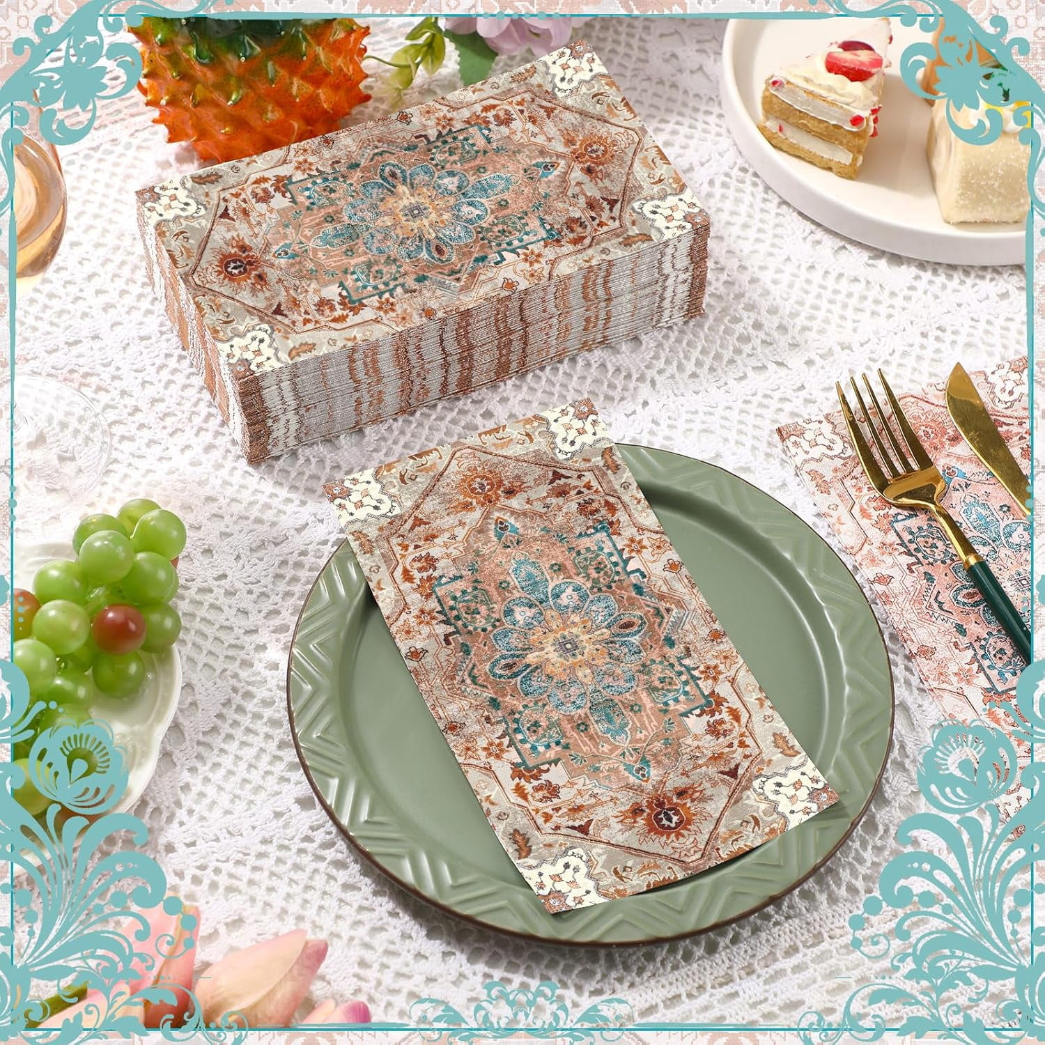 100 Pcs Vintage Boho Napkins Paper Guest Towels 2 Ply Decoupage Napkins Disposable Decorative Hand Towel for Bathroom Kitchen Wedding Party Dinner(Brick Red and Dark Blue)