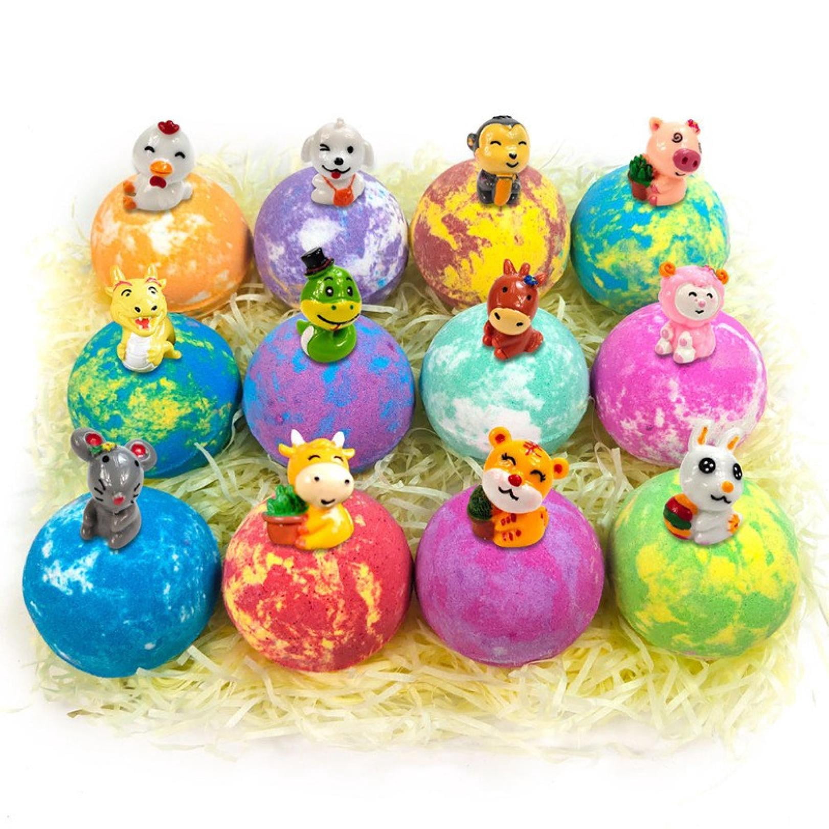 12PCs Forest Themed Bath Bombs Set With Surprise Inside,Mega Bubble Salt Ball Gift Set With Cute Chinese Zodiac Ornaments Inside,Natural Ingredient Bath Salt Skin-Friendly Bathing for Family